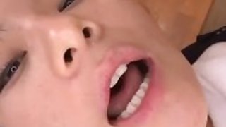 Japanese has mouth full of cum and sucks double dildo