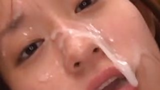 Messy facial bukkake on submissive Japanese girl