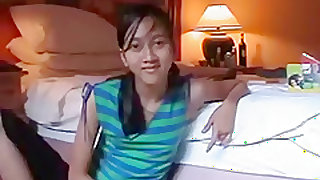 Petite asian girl sucks a party guy's cock pov on the bed