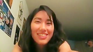Hot asian girl sucks her bf pov on the bed and swallows