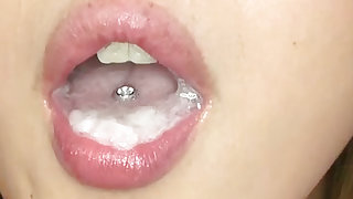 Pierced and sexy japanese  is swallowing hot jizz indoors