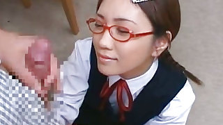 Nerdy and young asian  goes facial on her knees